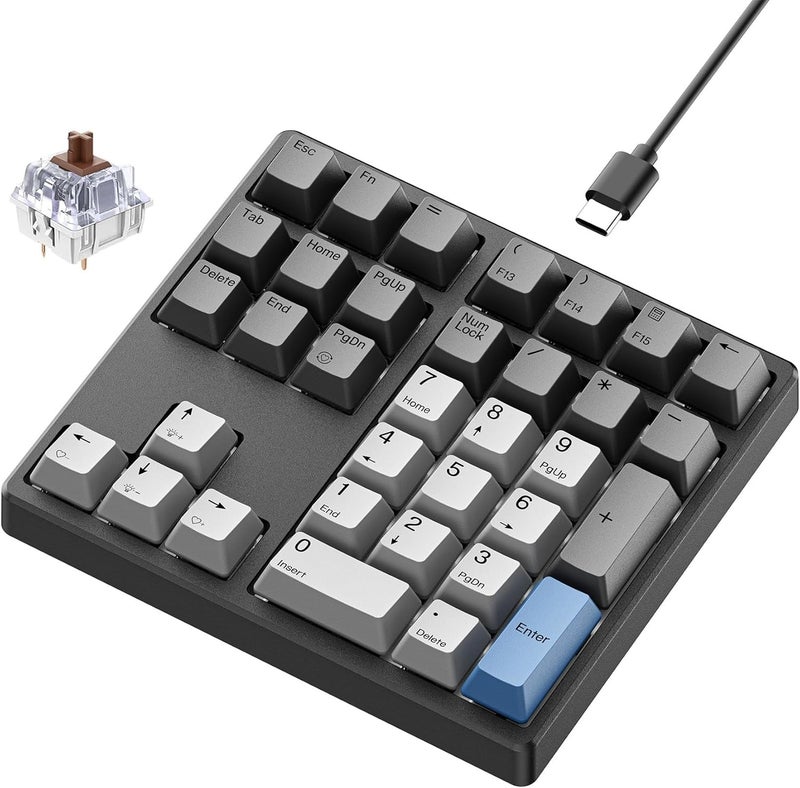 Kisnt Mechanical Number Pad,Hot Swappable Numpad with Gateron Switches,34 Keys Wired USB Keypad White Backlit Numeric Keypad with PBT Keycaps for Laptop PC Compact Keyboards(Brown Switch) - Image 1